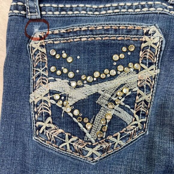Wrangler Rock 47 Bootcut Low Rise Jeans Womens 30x32 Blue Whiskers Bling Cowgirl - Picture 11 of 11